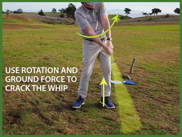 Swing Align Whip golf swing speed trainer uses rotation and ground force to produce a whip cracking sound when used properly