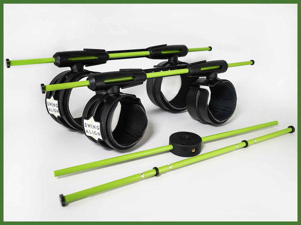 Swing Align golf swing training aid full bundle with short game rod and ground alignment tool and both standard and XL cuffs