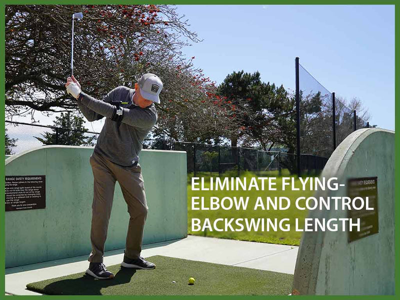 Swing Align golf swing training aid used to eliminate flying elbow