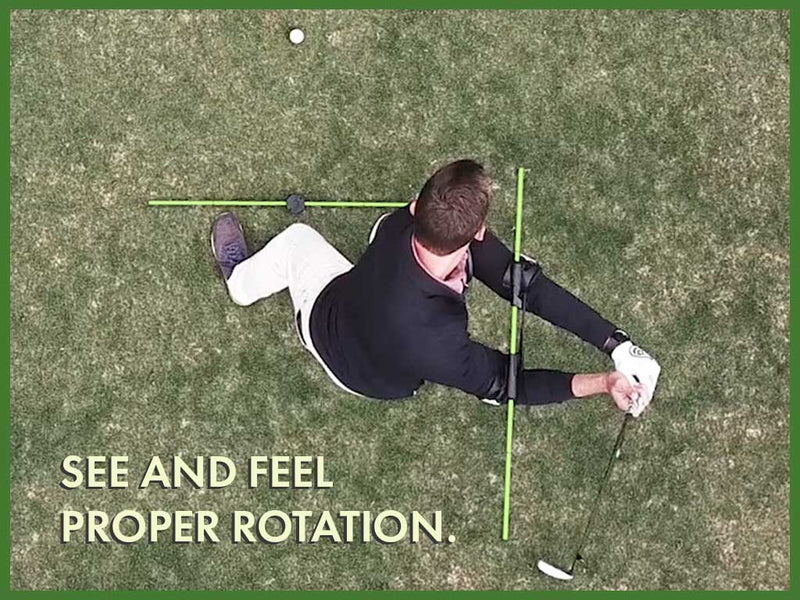 The Swing Align golf swing training aid matches with an alignment rod on the ground for perfect rotation