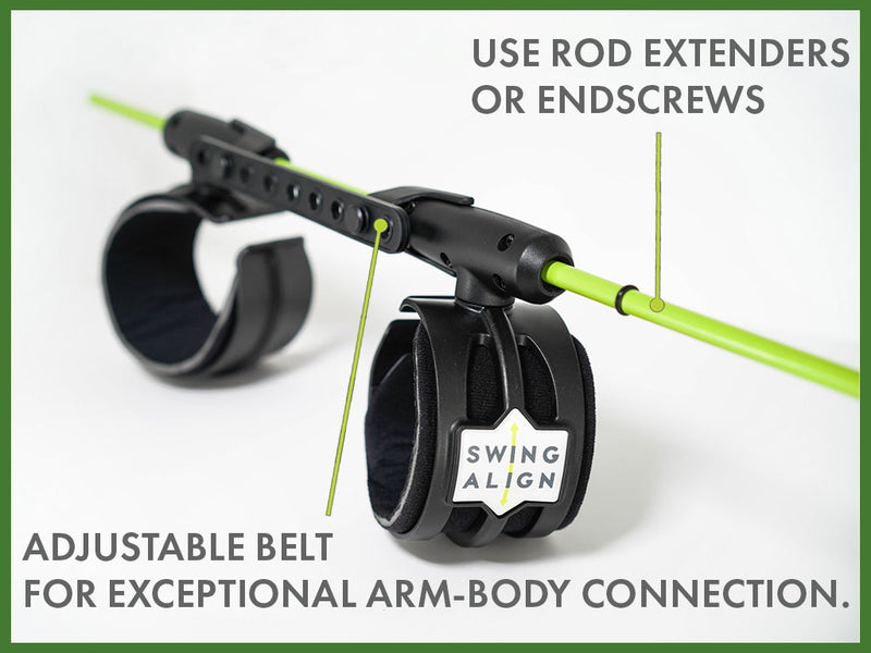 Swing Align golf swing training aid Bundle has rod extensions or end screws for shorter rod and adjustable belt for arm-body connection